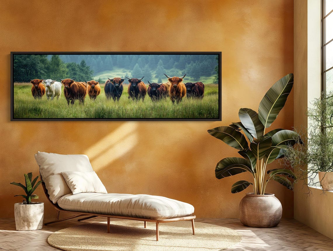 Highland Cow Herd In A Green Misty Meadow Panoramic Cattle Poster - Image 2
