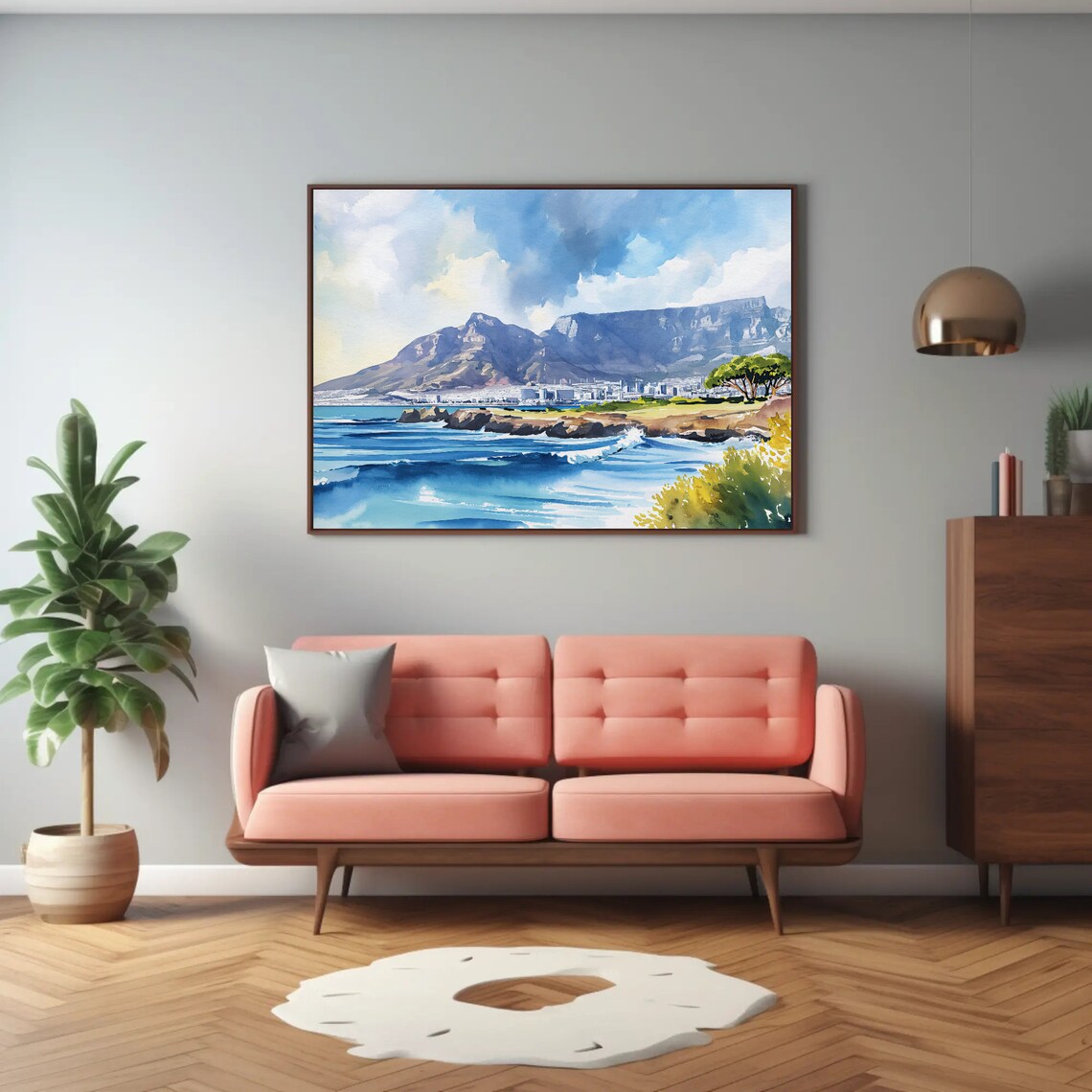 Cape Town Table Mountain Coastline Watercolor Landscape Poster - Image 3