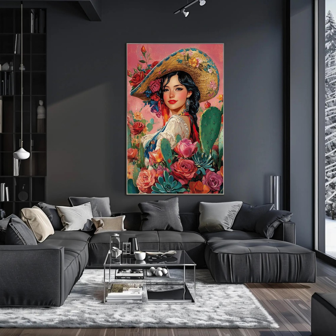 Mexican Cowgirl in Floral Sombrero with Cacti and Roses Poster - Image 2