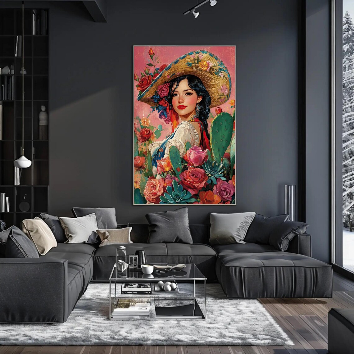 Mexican Cowgirl With Cacti And Flowers Print Colorful Mexican Home Decor Cultural Art For Mexican Girl Gift Ready To Hang - Image 2