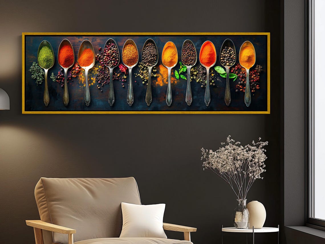Panoramic Row Of Spice Spoons On A Dark Wall Kitchen Art Poster