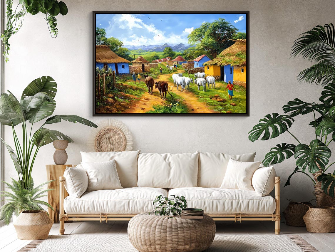 Indian Village Morning with Cattle Walking on Dirt Path Art Poster - Image 5