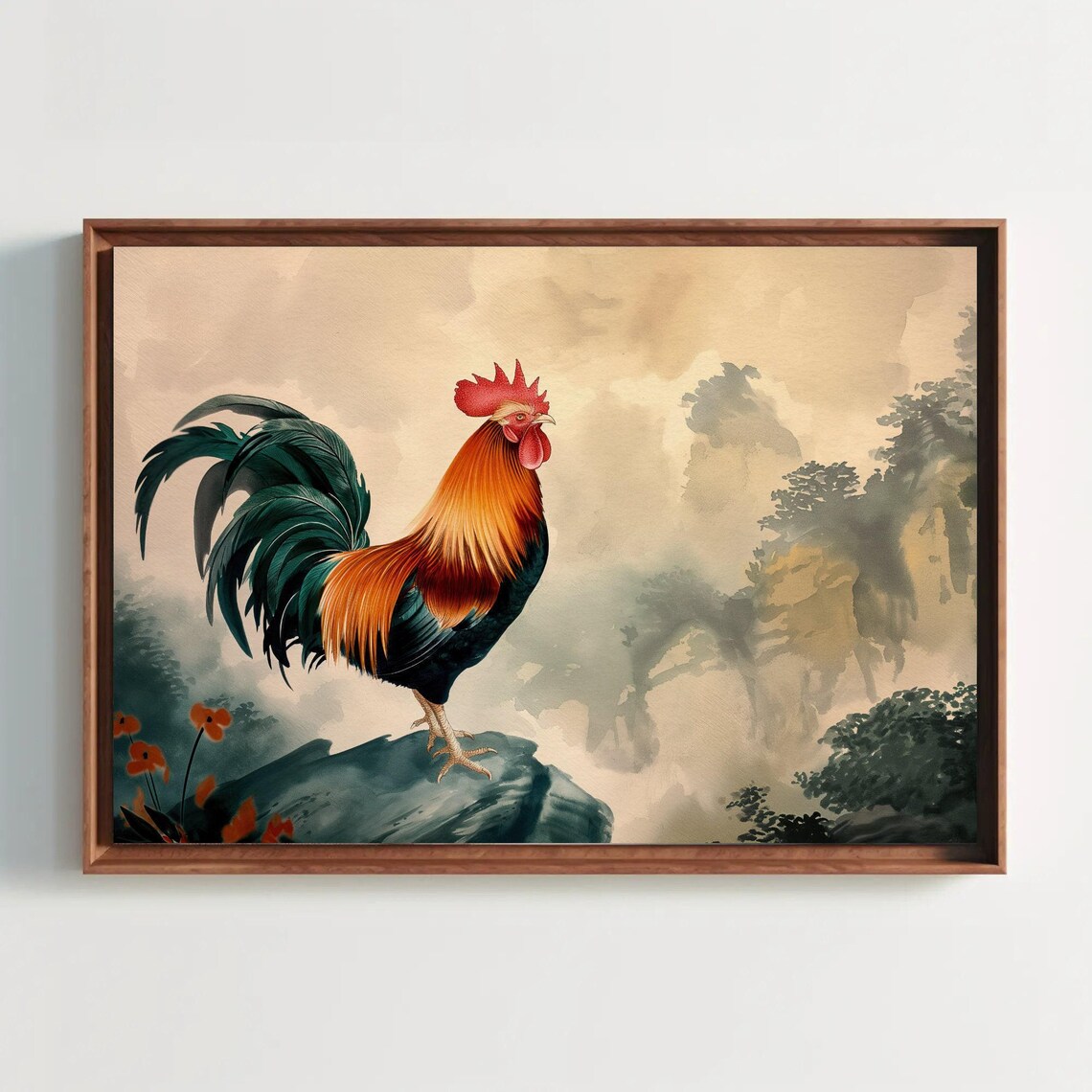 Vibrant Rooster Standing On Rock Asian Watercolor Bird Art Poster