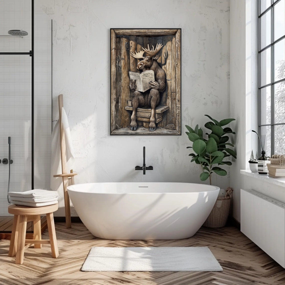 Moose Reading Newspaper on Outhouse Funny Rustic Bathroom Poster - Image 3