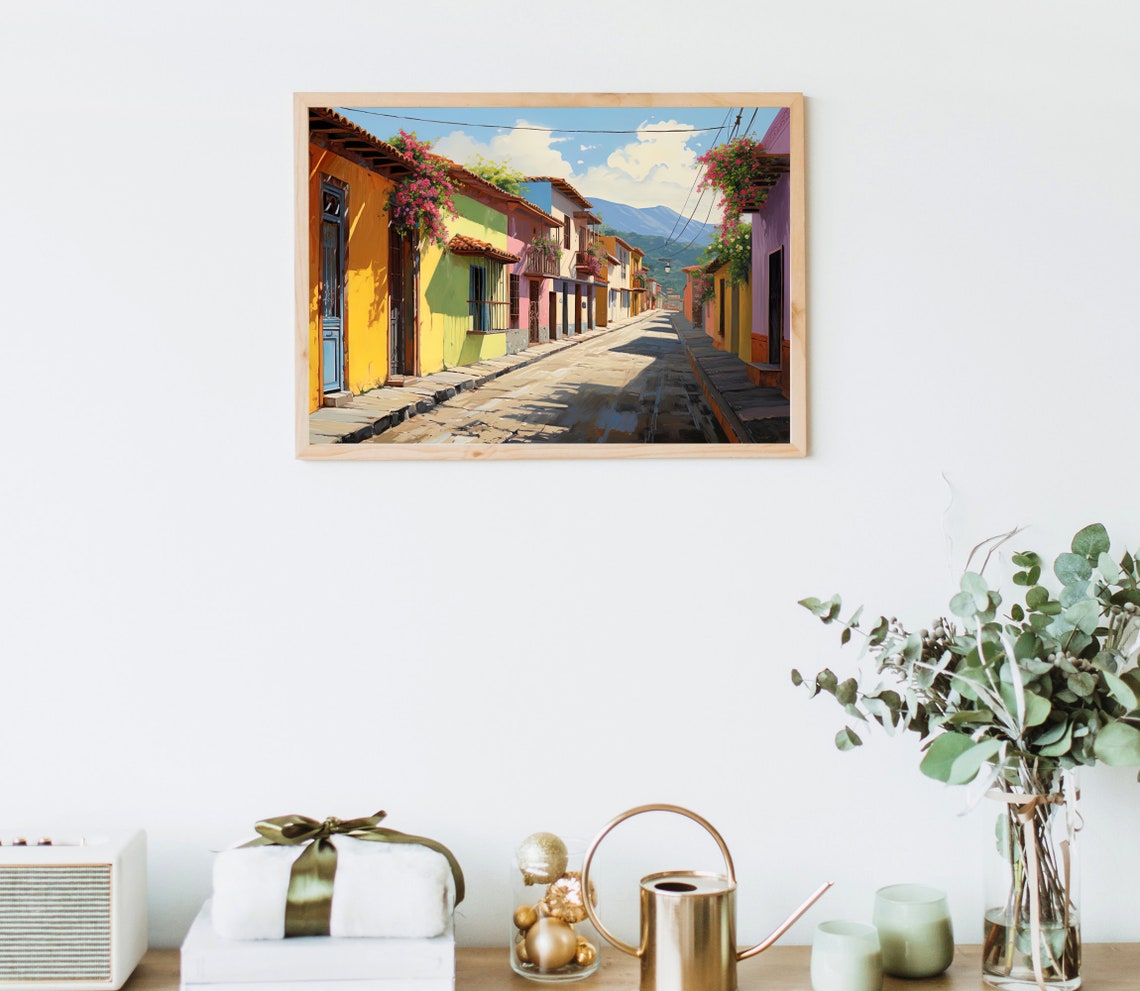 El Salvador Colorful Colonial Street Sunlit Town Painting Poster - Image 4
