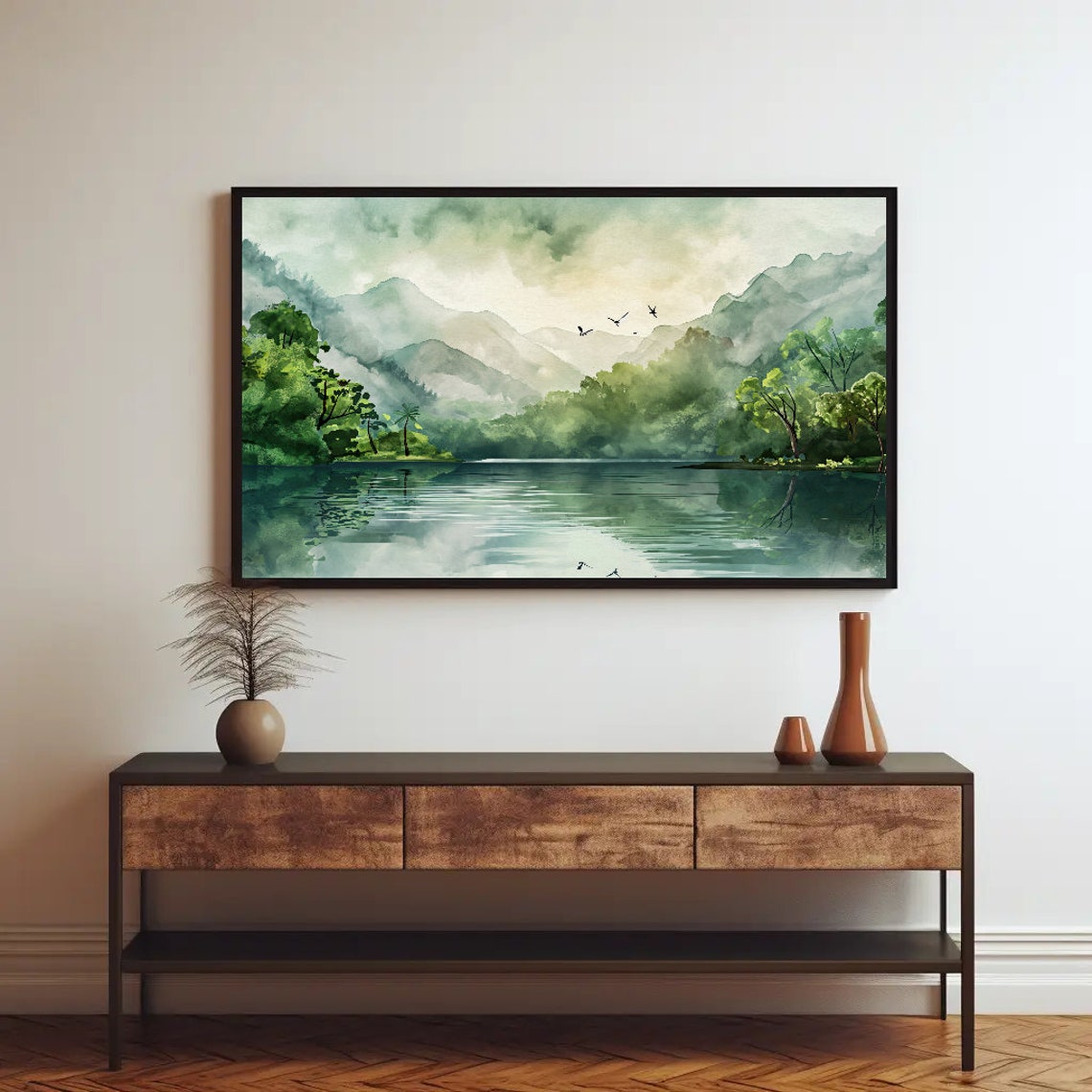 Tropical Forest Lake Mirror Reflection Serene Watercolor Poster - Image 2