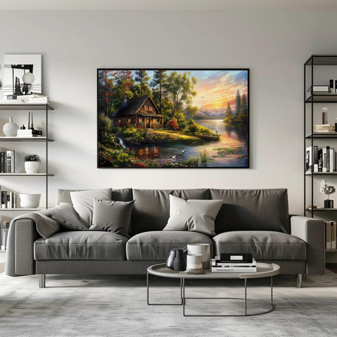 Cozy Lakeside Log Cabin Sunset With Flowers Cottage Art Poster - Image 2