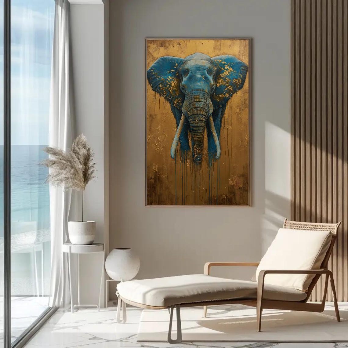 Blue Elephant Head On Gold Leaf Abstract Wildlife Art Poster - Image 5