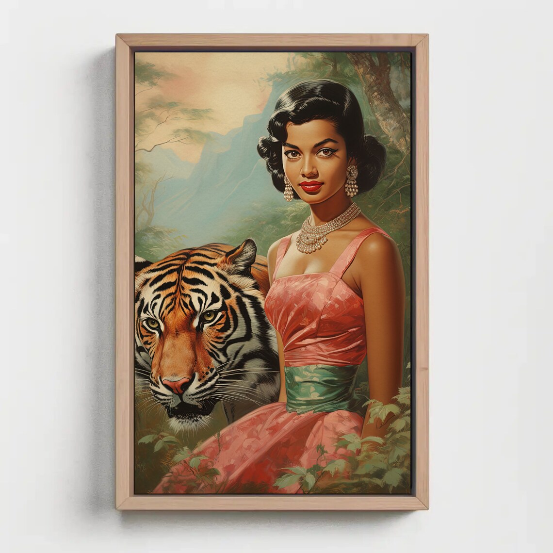 Vintage Indian Woman in Pink Dress Beside Jungle Tiger Poster - Image 5