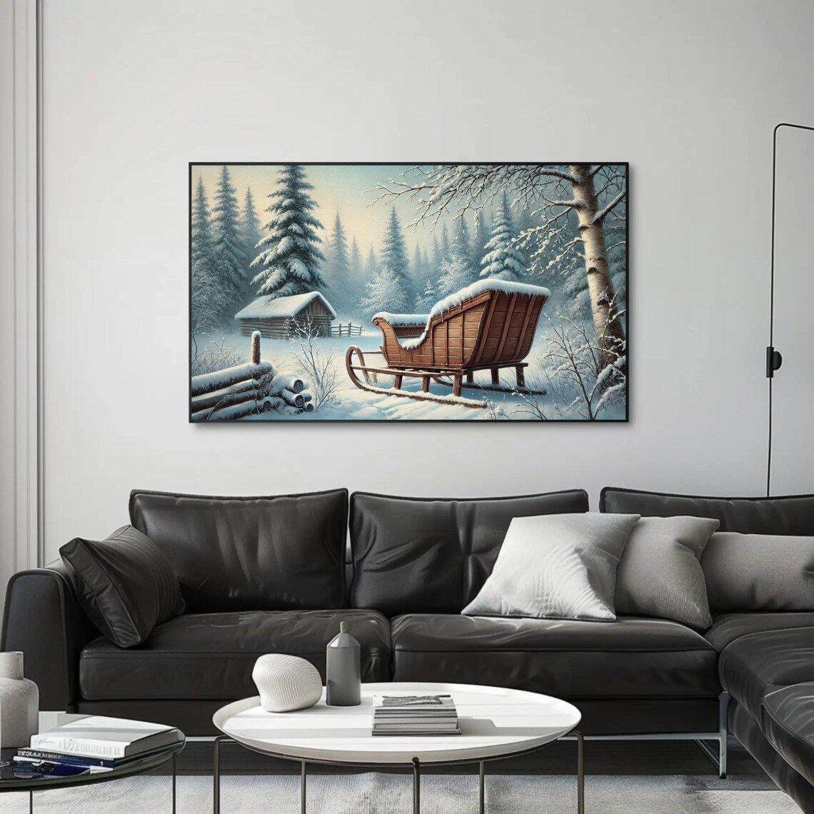 Vintage Wooden Sleigh In A Snowy Forest Cabin Winter Scene Poster - Image 4