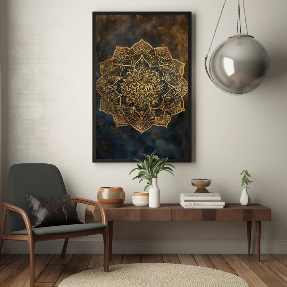 Gold Mandala on Deep Blue Background Yoga Meditation Wall Poster - Image 2