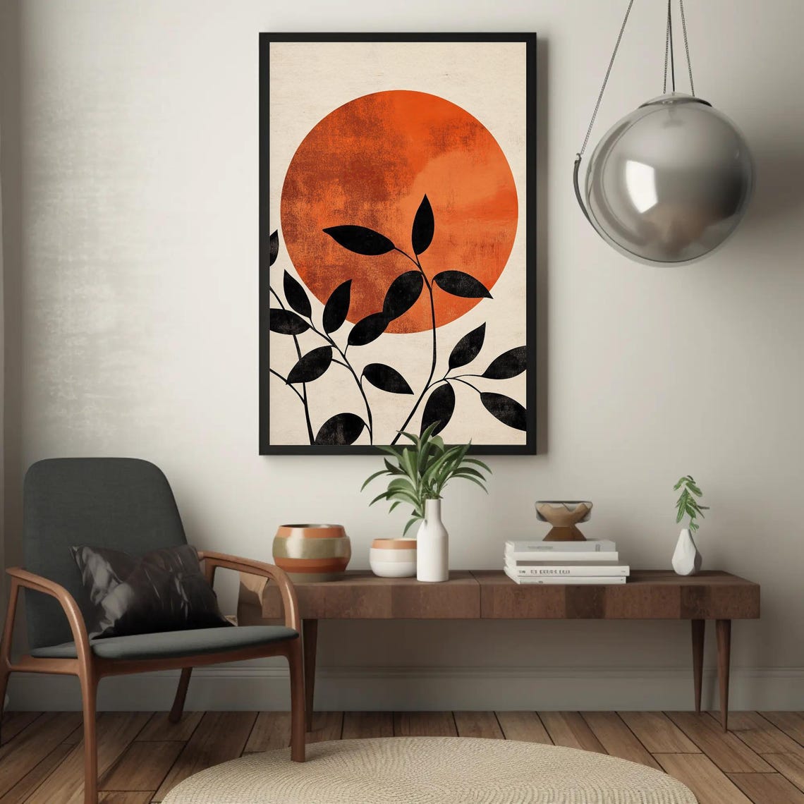 Burnt Orange Sun With Black Leafy Branches Abstract Art Poster - Image 3