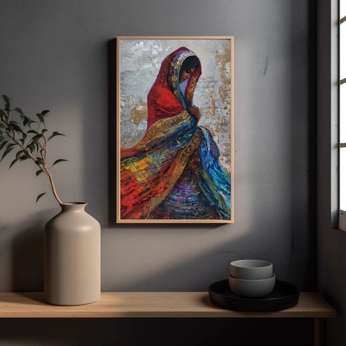 Indian Woman in Red Sari Impasto Painting Ethnic Wall Poster - Image 3