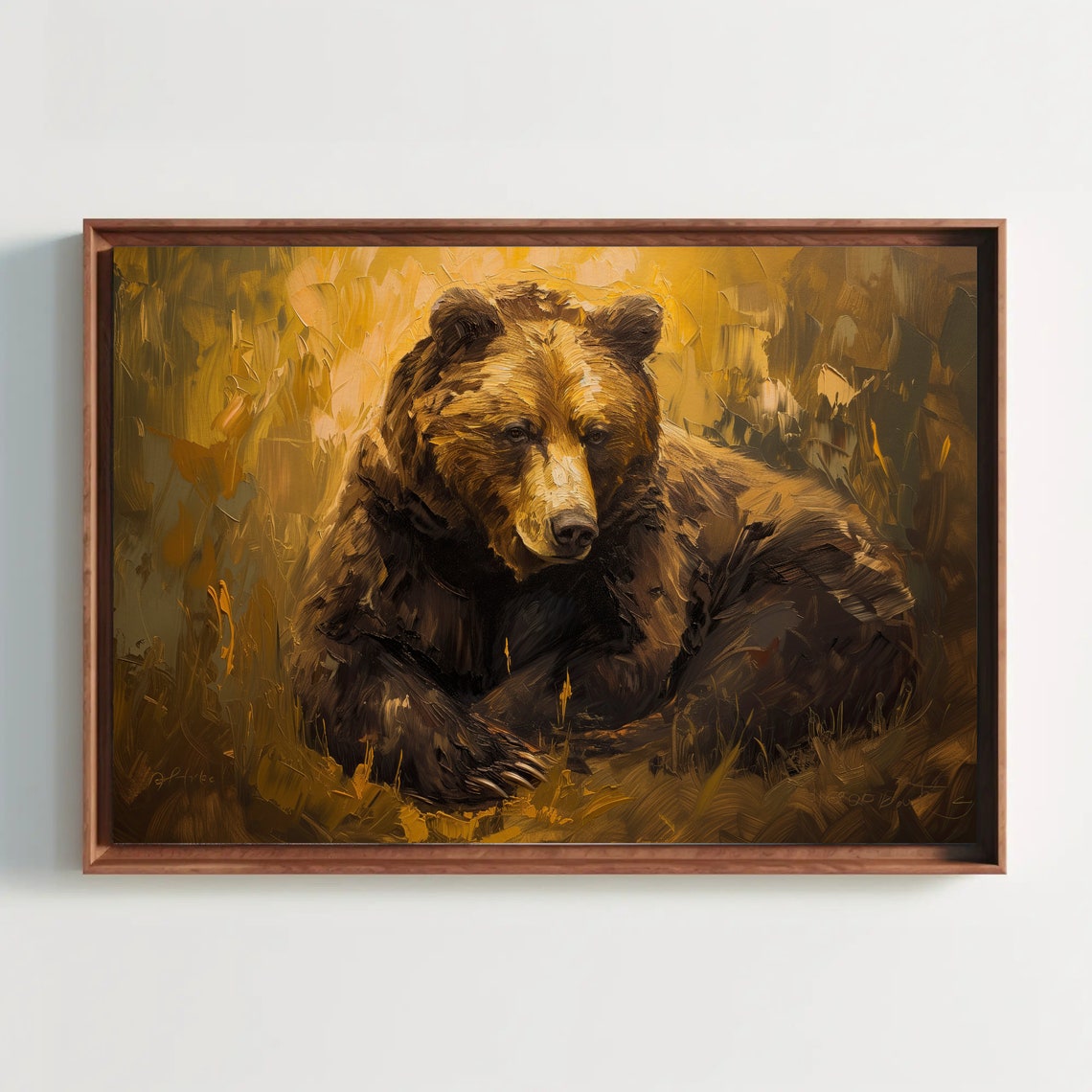 Brown Bear Resting Golden Grass Impasto Wildlife Painting Poster