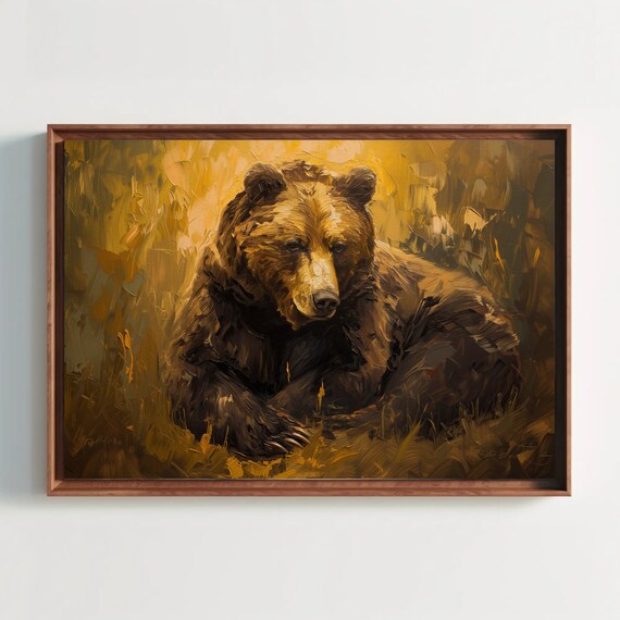 Brown Bear Resting Golden Grass Impasto Wildlife Painting Poster