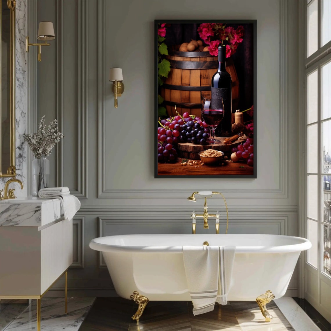 Red Wine Bottle Glass and Grapes Rustic Vineyard Still Life Art Poster - Image 2
