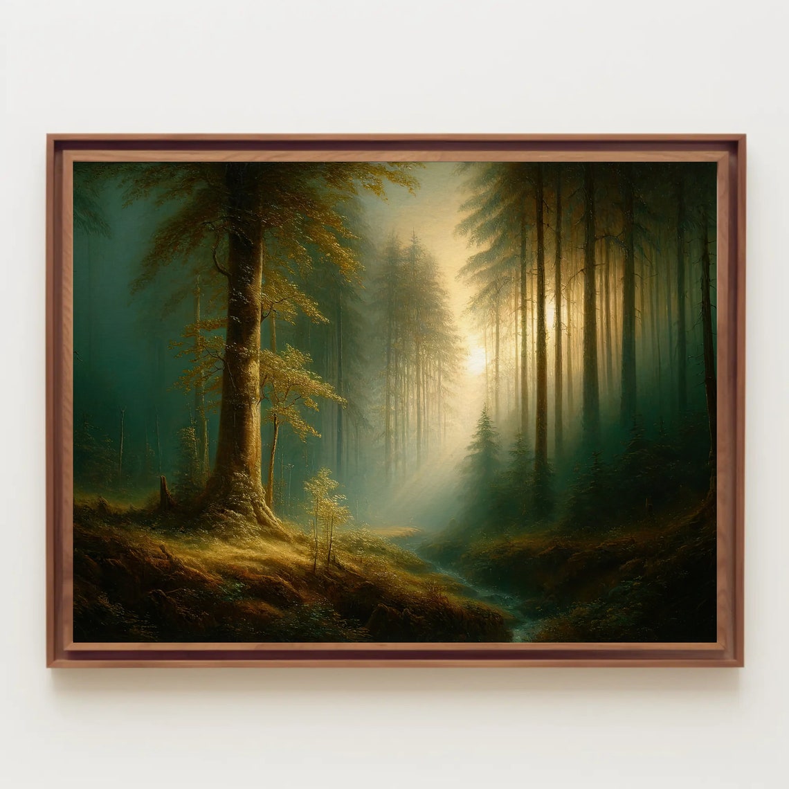 Misty Forest Stream With Sunbeam Tranquil Woods Painting Poster - Image 4