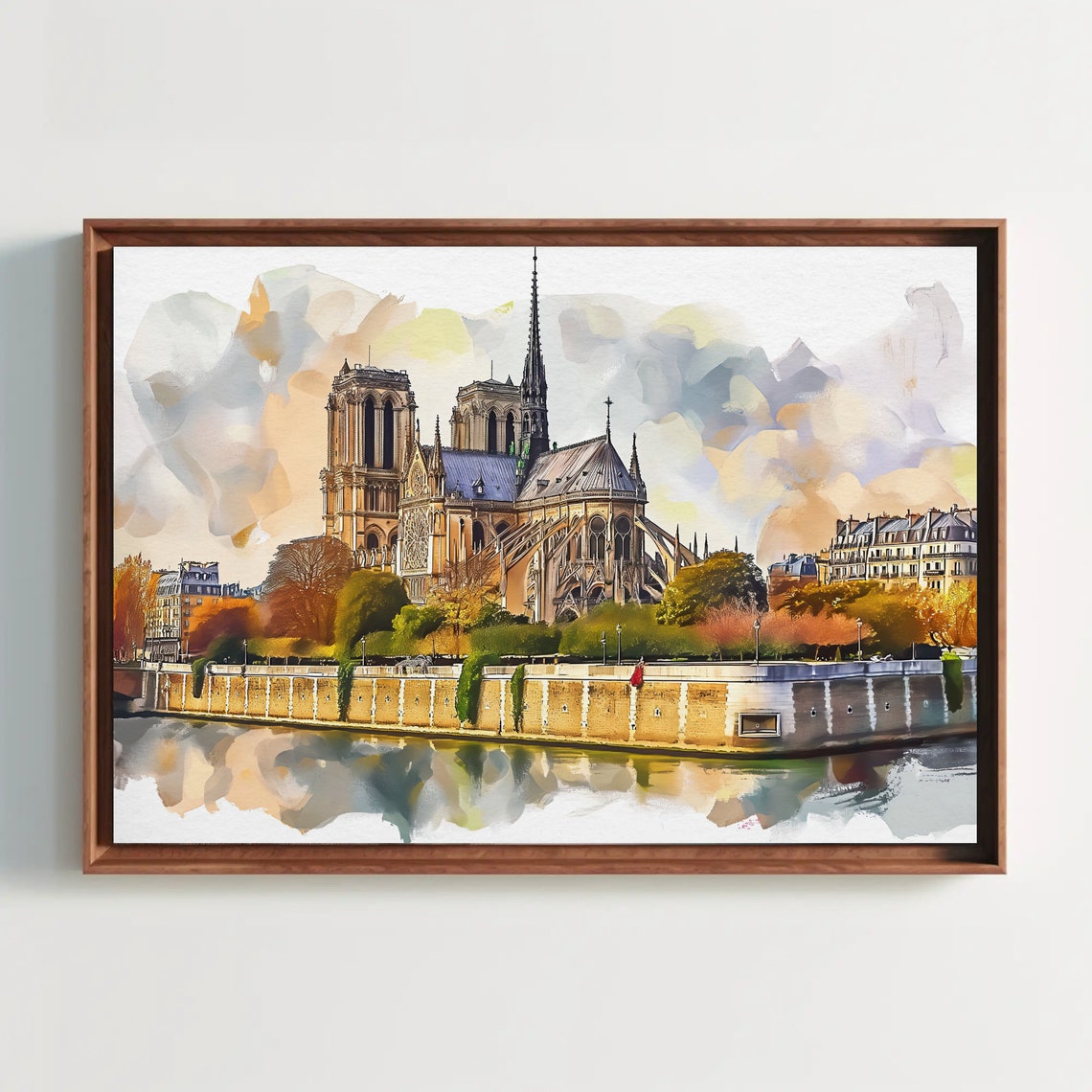 Notre Dame De Paris Seine River Autumn Watercolor Landmark Poster