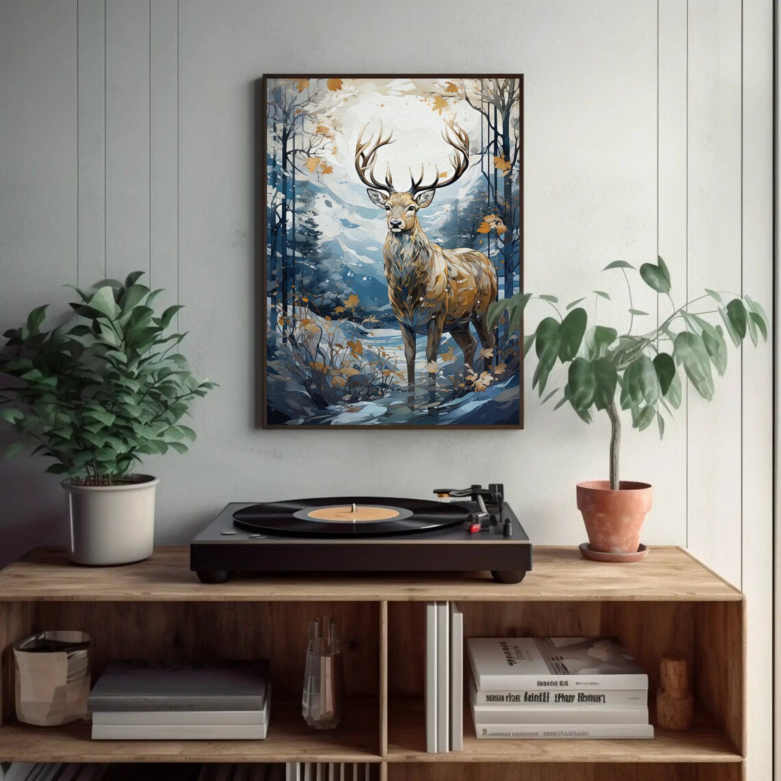 Golden Deer in a Snowy Landscape, Christmas Art Print - Image 2