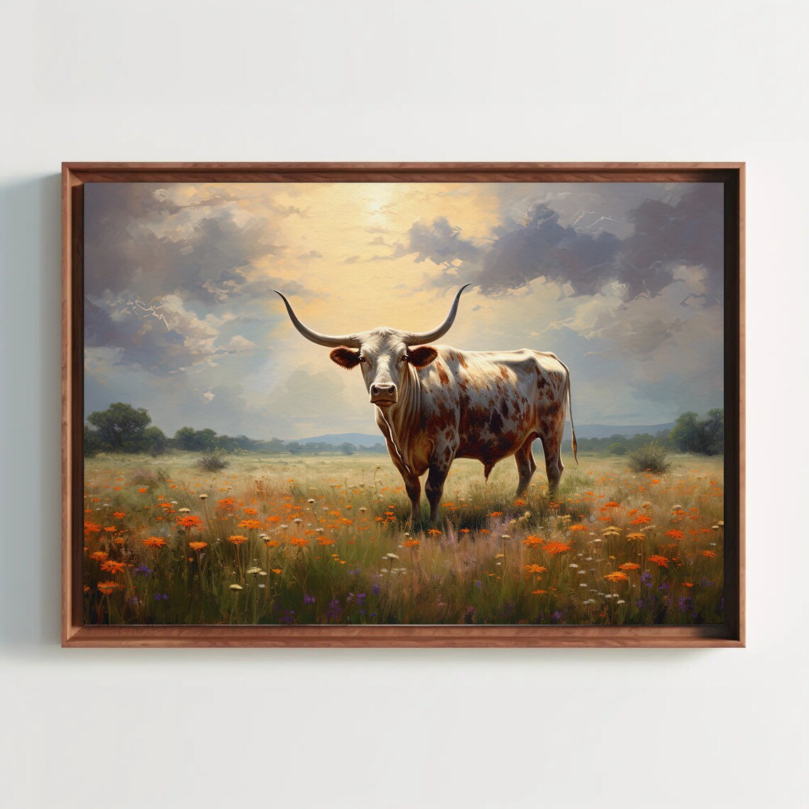 Texas Longhorn Cow in Wildflower Meadow Under Stormy Sky Poster