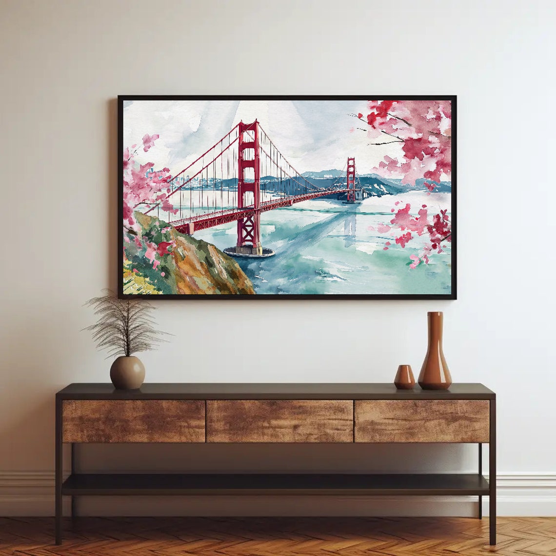 Golden Gate Bridge Watercolor Cherry Blossom Panoramic SF Poster - Image 3