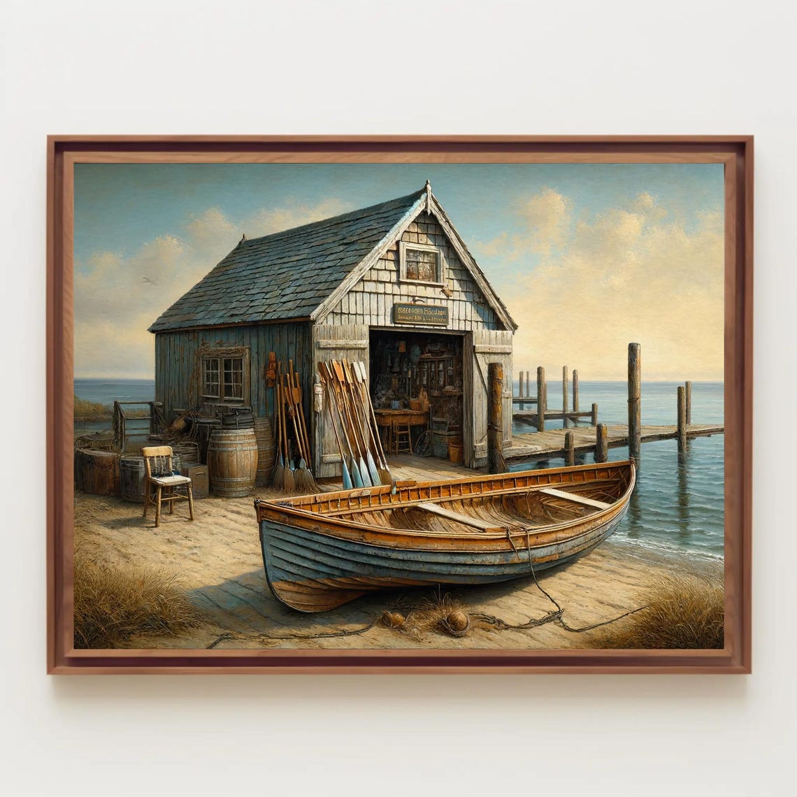 Weathered Seaside Boathouse With Wooden Rowboat Coastal Poster - Image 2
