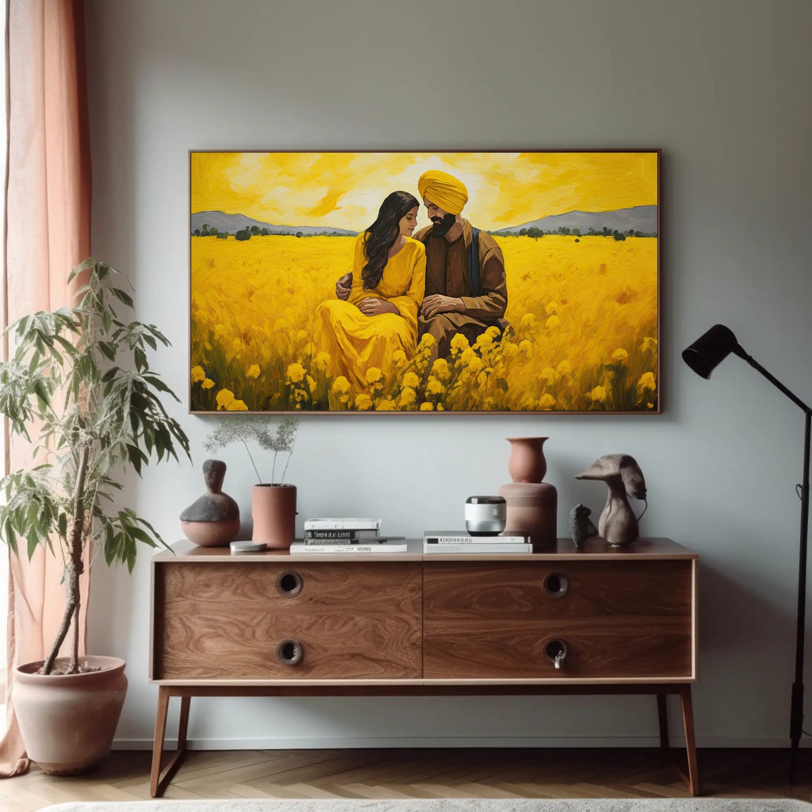 Punjabi Couple in Mustard Field Sunset Romantic India Art Print - Image 3
