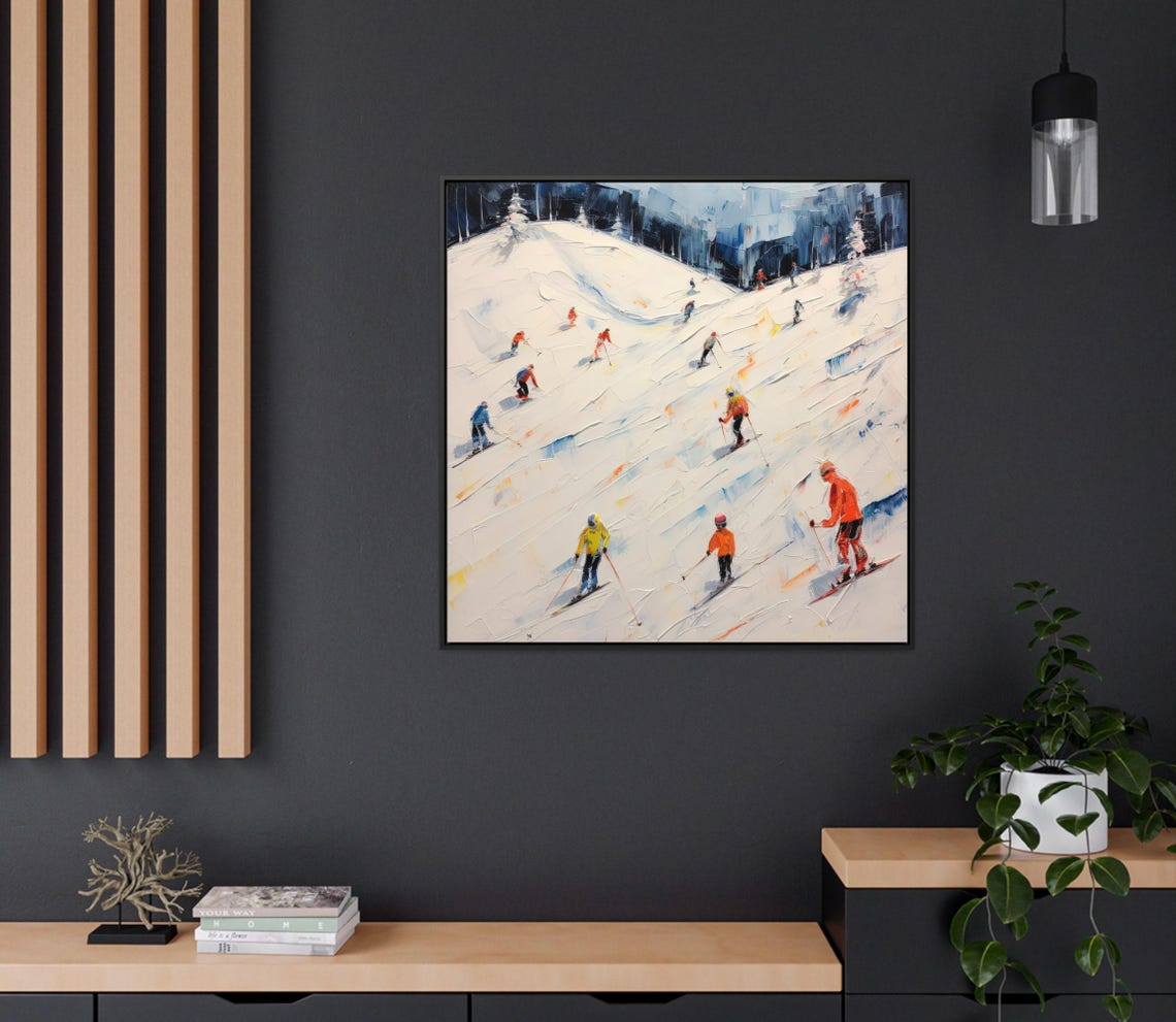 Impressionist Skiers Descending Snowy Slope Oil Painting Poster - Image 2