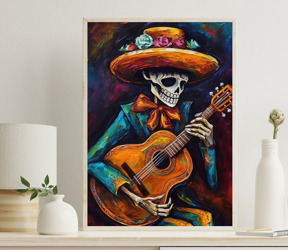 Mexican Mariachi Cowboy Skeleton Guitarist Art Print