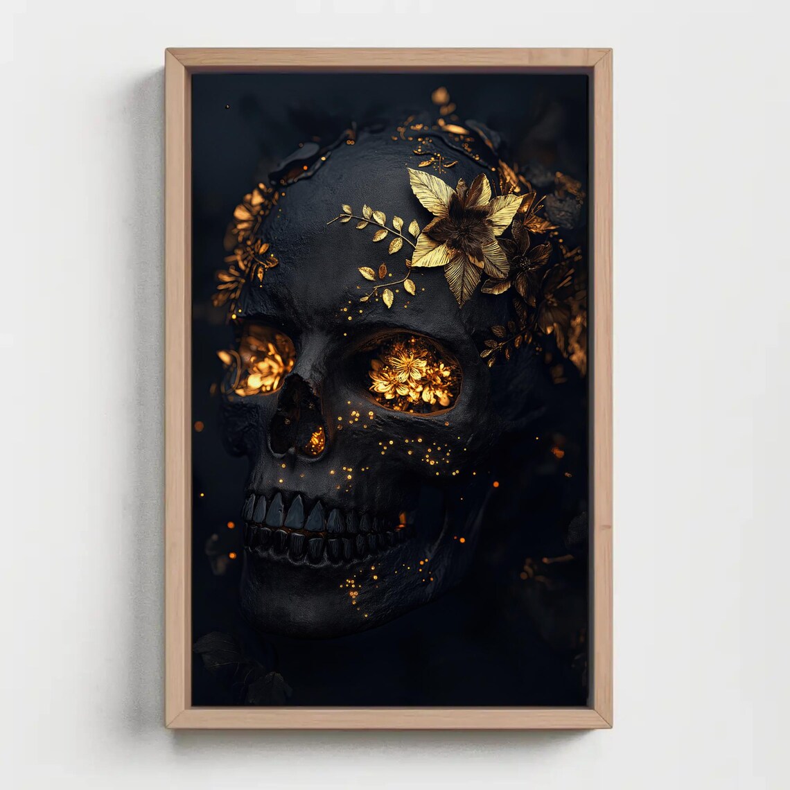 Golden Floral Crowned Skull on Black Luxury Gothic Art Poster - Image 5