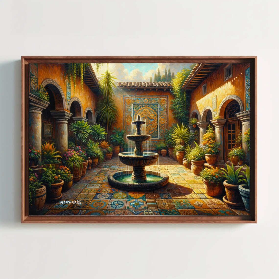 Mexican Courtyard Art Print, Traditional Garden Scene