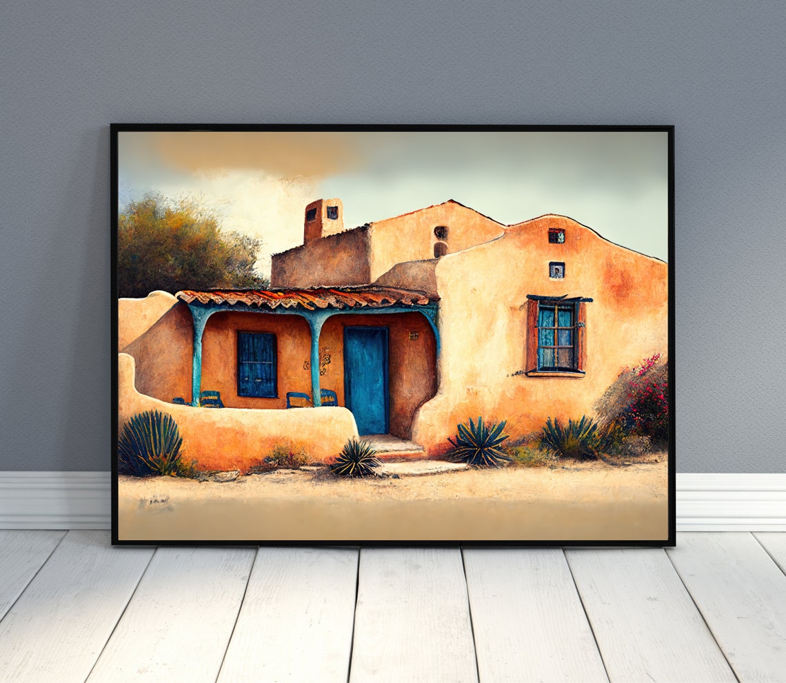 Adobe Pueblo House Blue Doors Desert Plants Southwestern Art Poster - Image 2