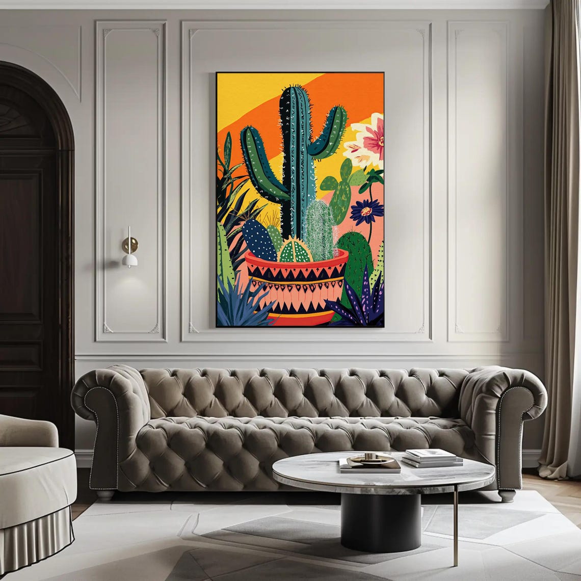 Modern Cacti Cluster in Patterned Terracotta Pot at Sunset Art Poster - Image 3