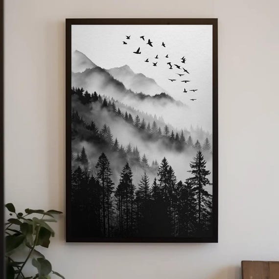 Misty Forest Black White Watercolor Framed Print Black And White Wall Decor Minimalist Decor Nature Wall Art Nature Art