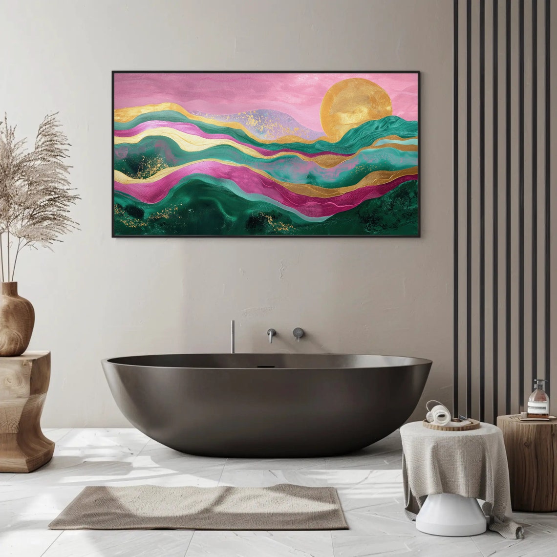 Vibrant Abstract Mountain Sunset Pink Teal Gold Waves Poster - Image 3