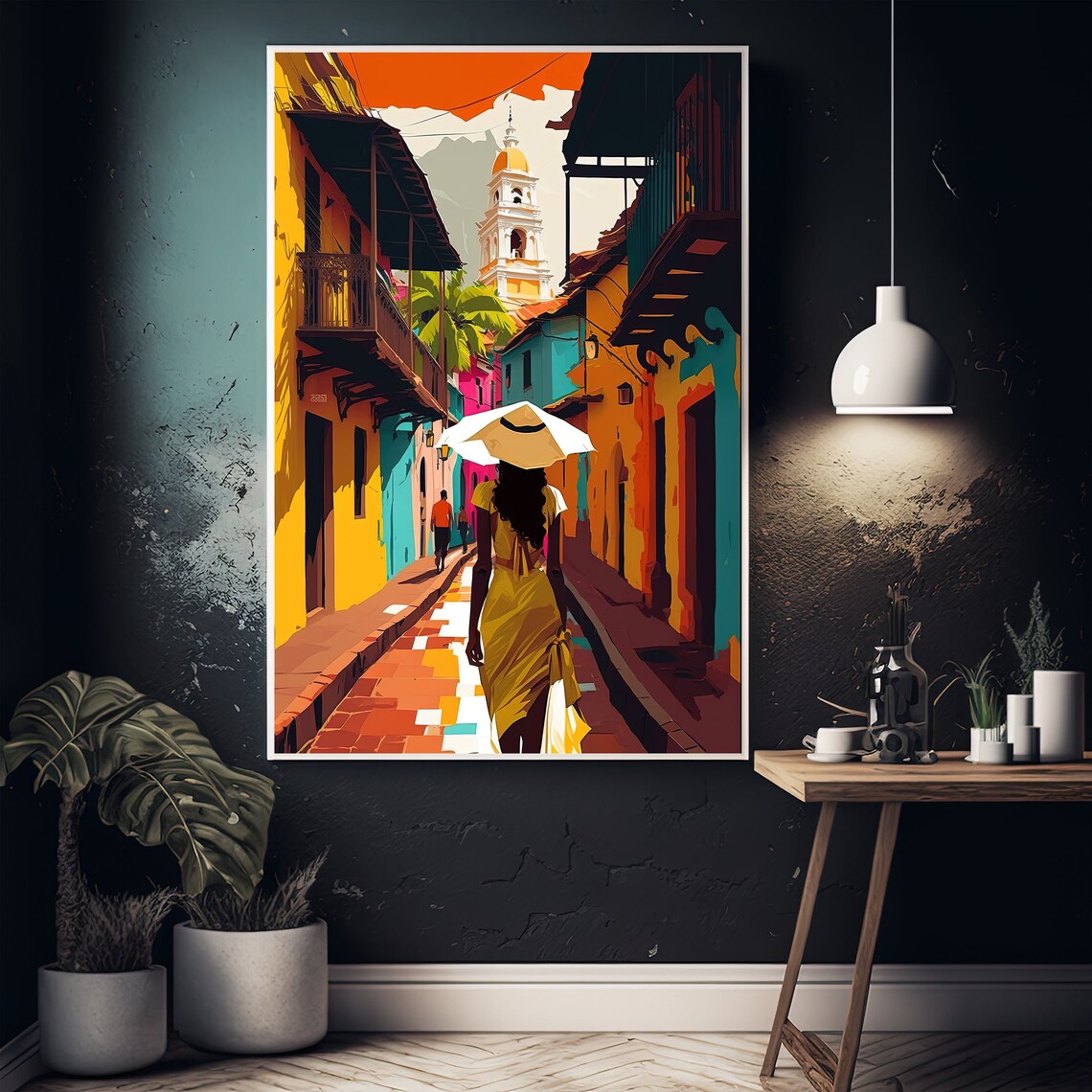 Colombia Colonial Street Bell Tower Woman With Parasol Art Poster - Image 5