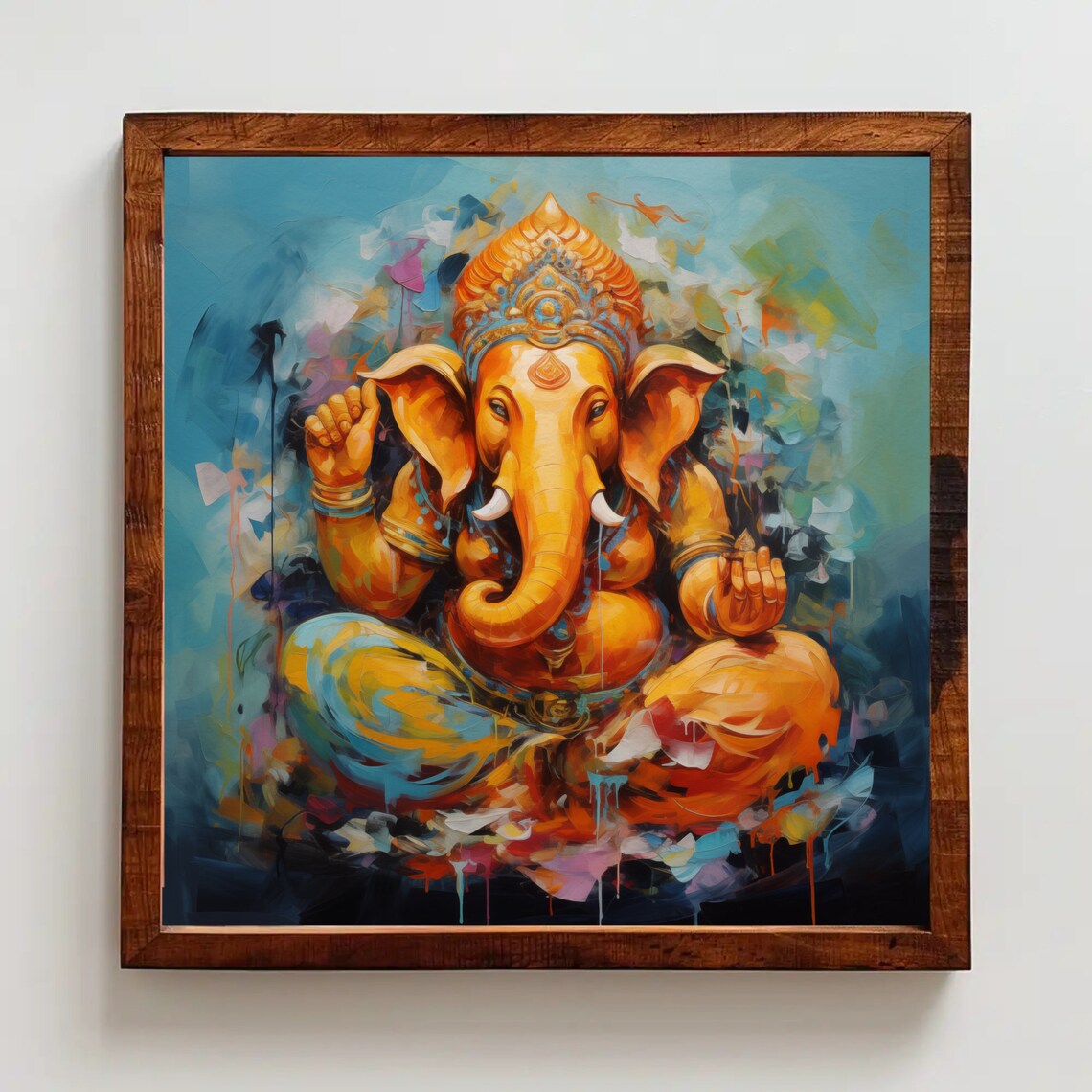 Seated Golden Ganesha on Blue Background Spiritual Art Poster - Image 4