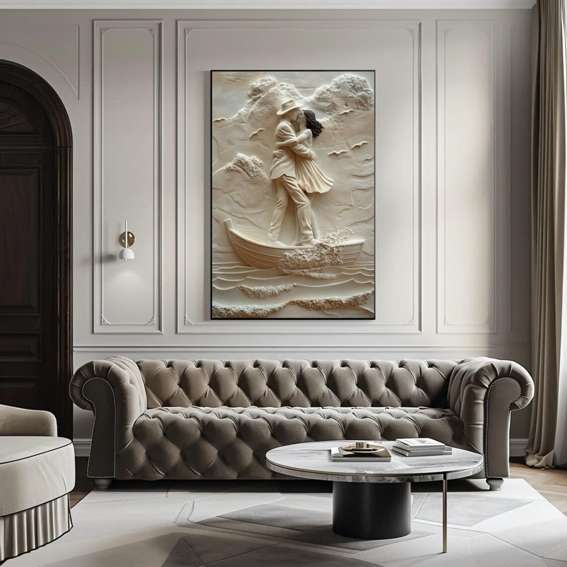 Romantic Couple Kissing on Boat White Sculpture Style Wall Art - Image 5