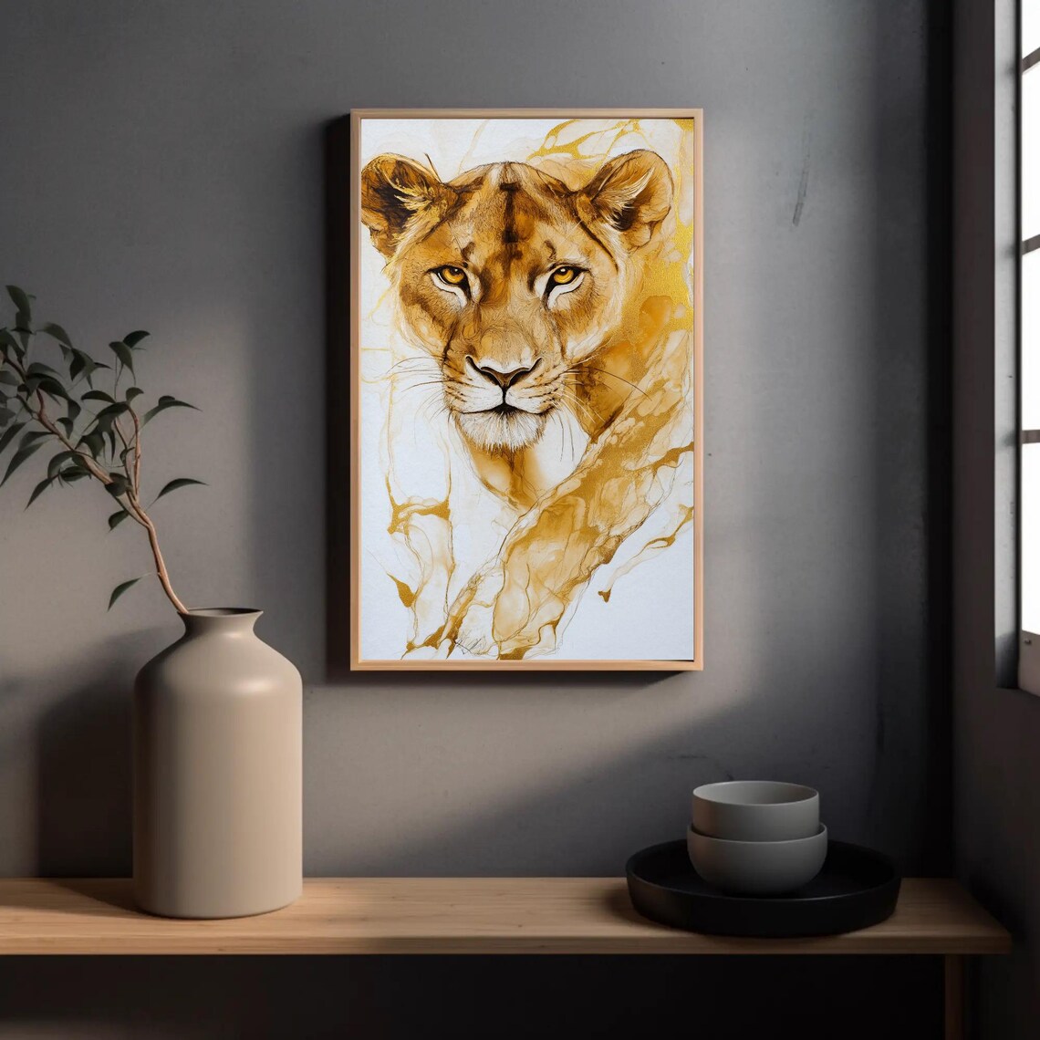 Regal Golden Lioness Portrait With Flowing Gold Ink Washes Poster - Image 3