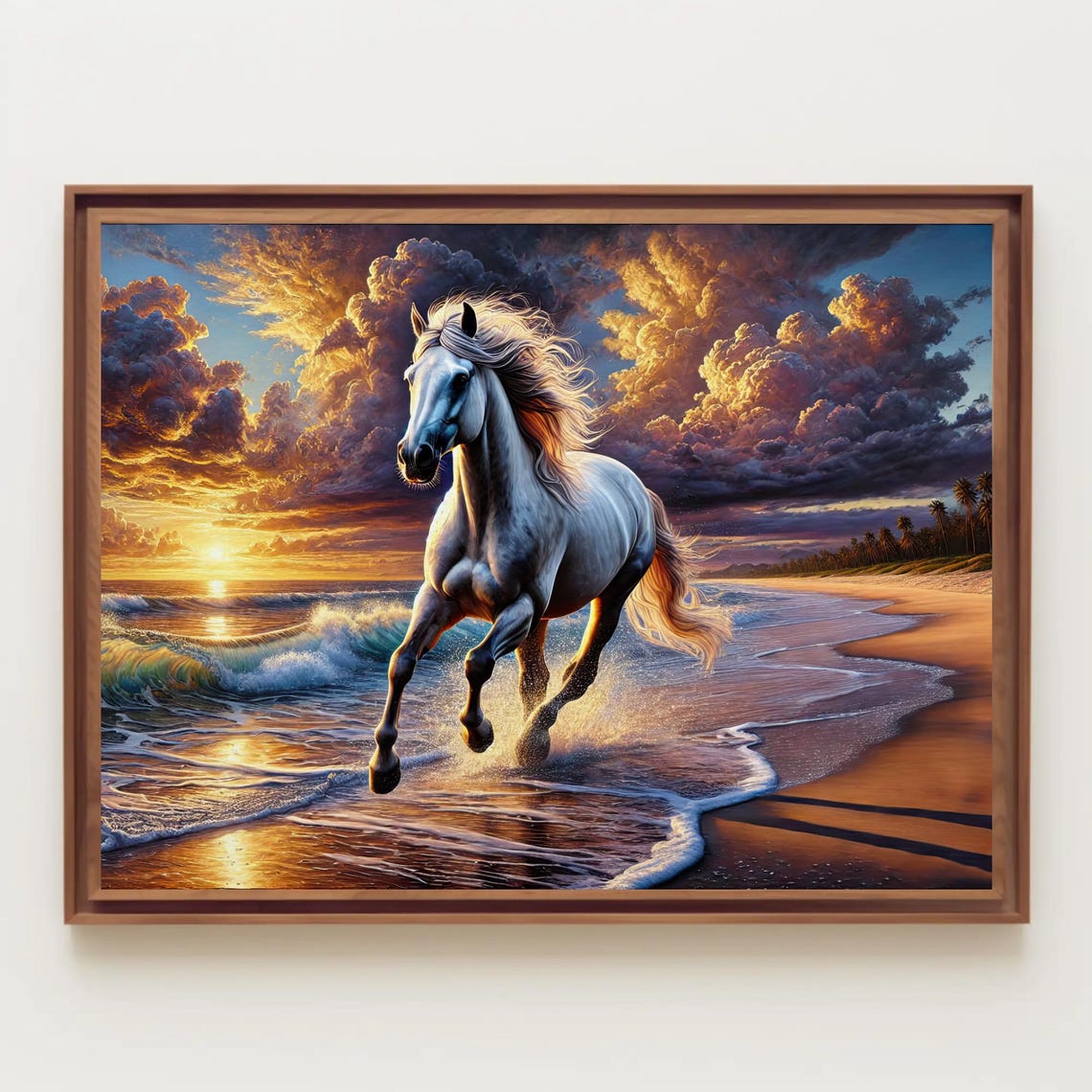 White Horse Galloping Through Beach Surf at Sunset Ocean Art Poster - Image 4