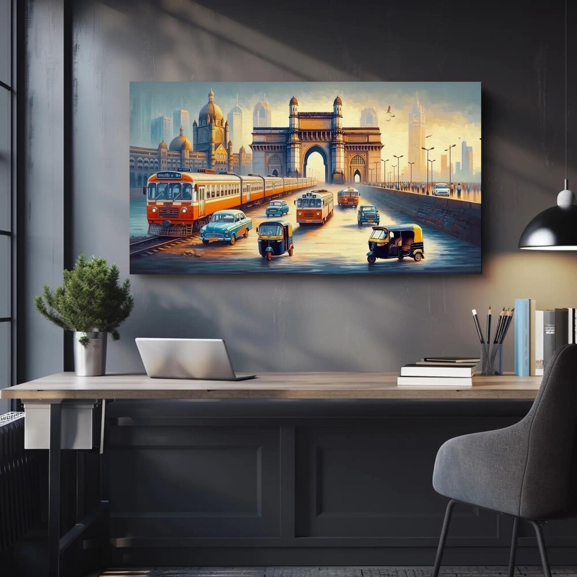 Mumbai Cityscape with Gateway of India and Vintage Traffic Poster - Image 2