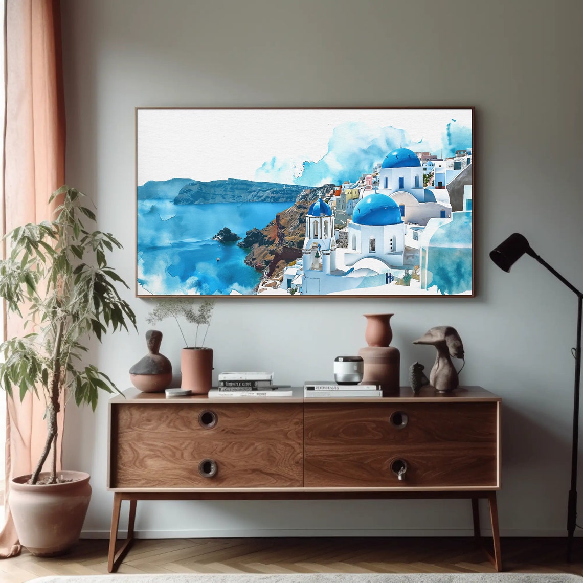 Santorini Blue Domed Churches Caldera View Watercolor Poster - Image 5