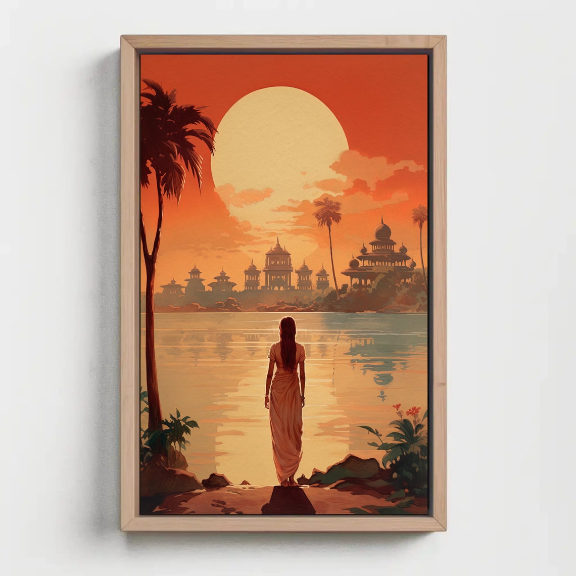 Retro Woman in Sari Viewing Lakeside Temples at Sunset Poster - Image 5