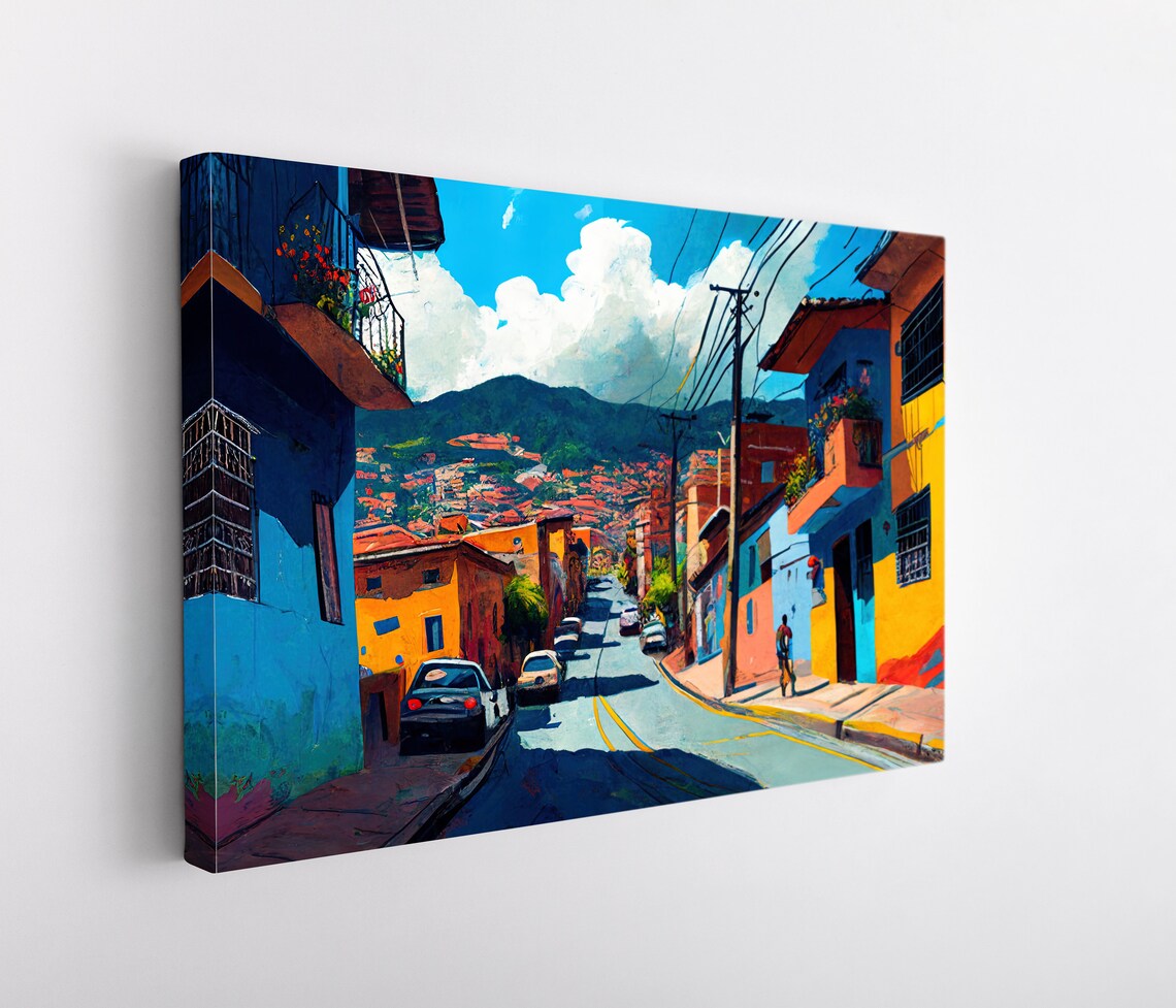 Medellin Colombia Colorful Hillside Street Oil Painting Poster - Image 5