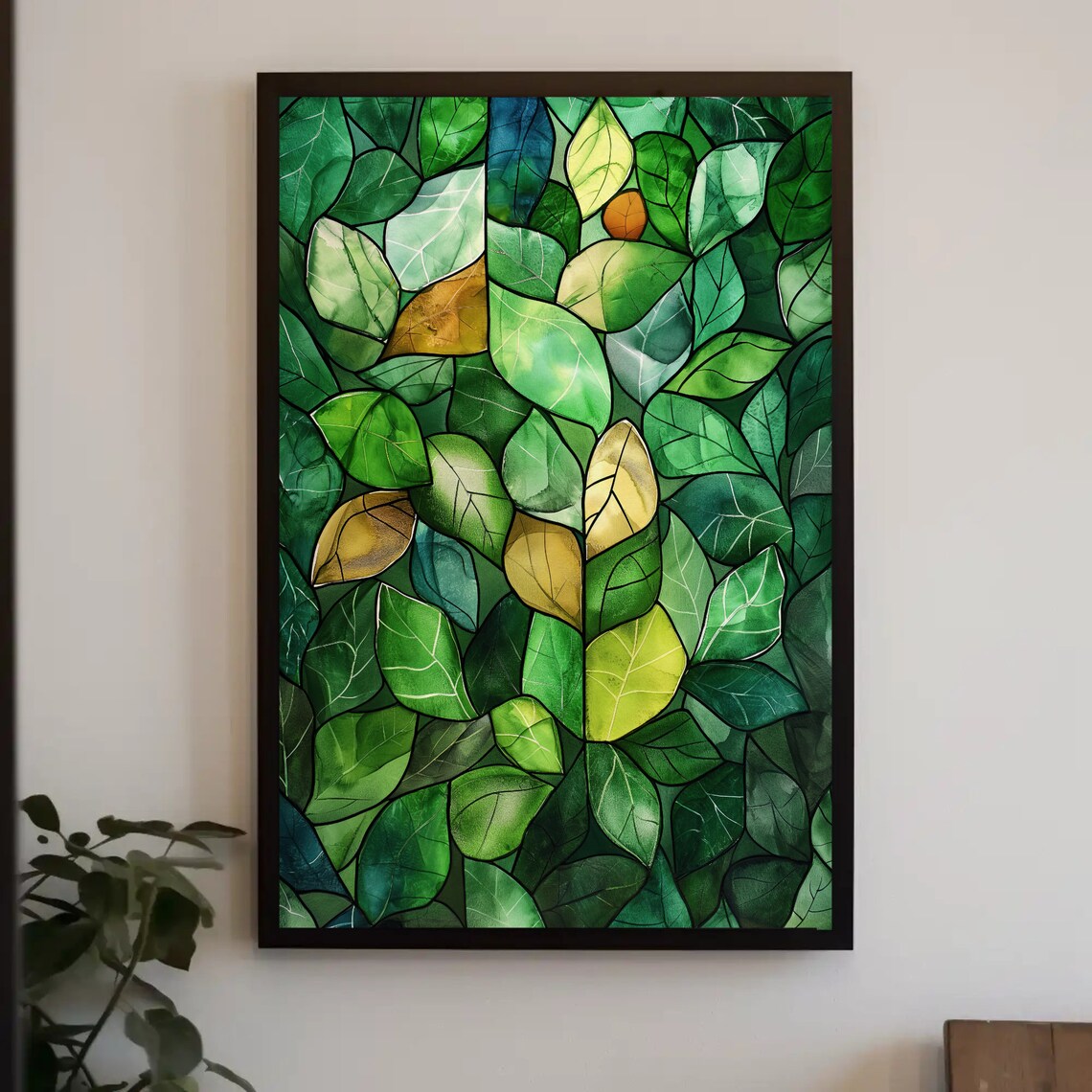 Green Stained Glass Leaves Botanical Watercolor Decor Poster