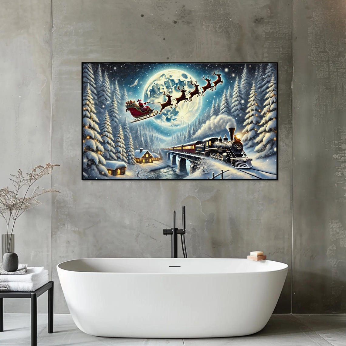 Santa Sleigh And Steam Train Under The Full Moon Night Poster - Image 3