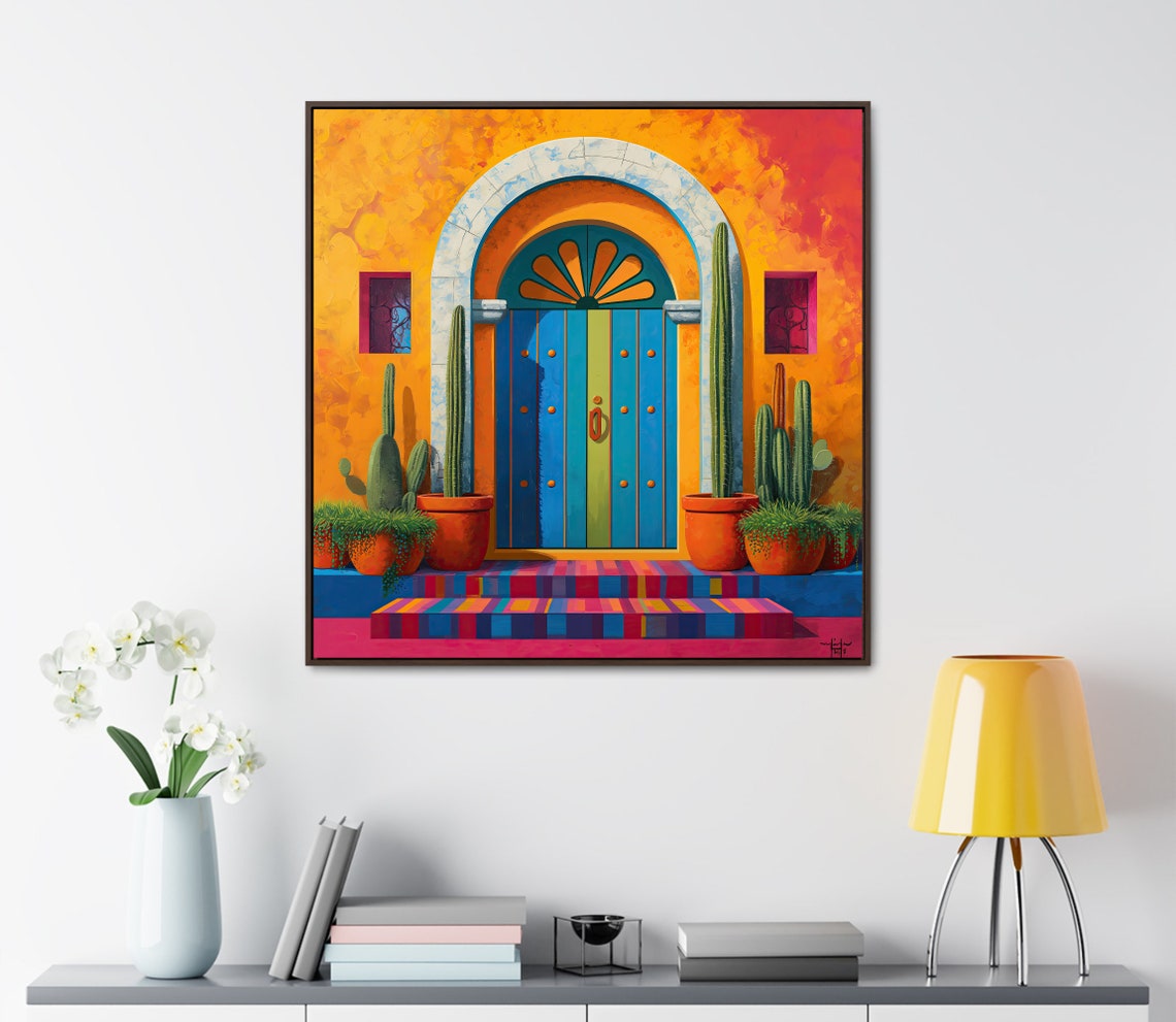 Vibrant Mexican Door With Cacti Orange Wall Architecture Print - Image 4