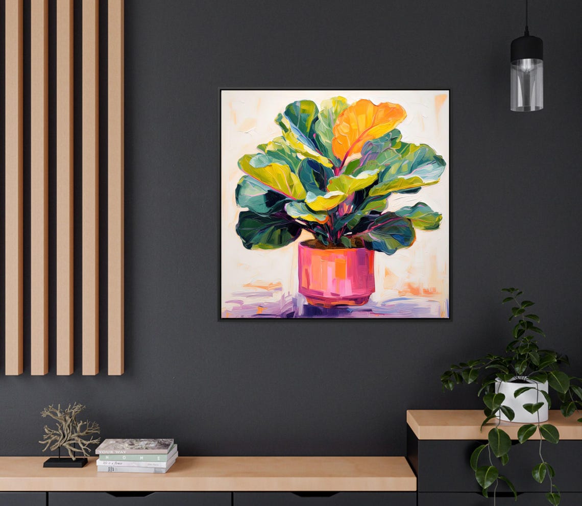 Fiddle Leaf Fig Plant in Pink Pot Botanical Oil Painting Poster - Image 3
