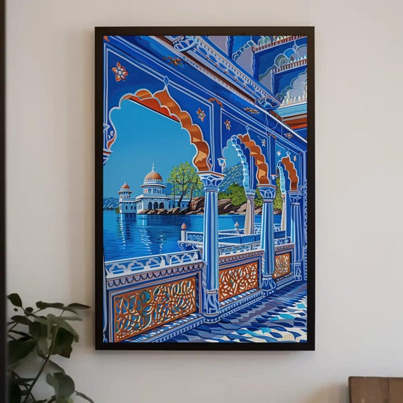 Blue Indian Palace Pond View Print Traditional Indian Painting Framed Indian Art For Living Room Bedroom Office Ready To Hang