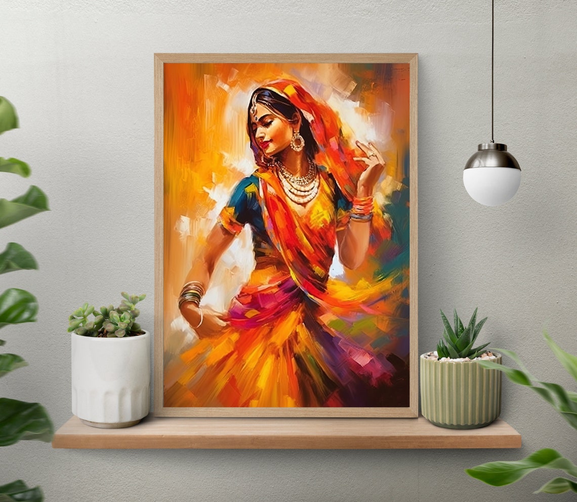 Vibrant Indian Folk Dancer in Swirling Sari Oil Painting Poster - Image 4
